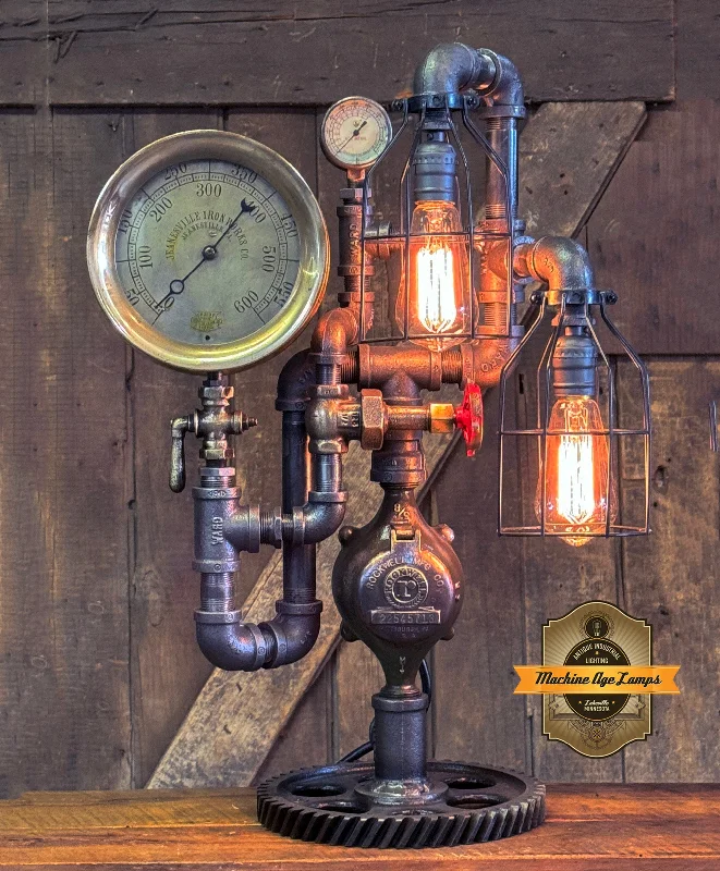 Industrial Area Lighting for Large Open SpacesSteampunk Industrial  / Antique Steam Gauge / Gear Base / JeanevilleL / lamp #4255