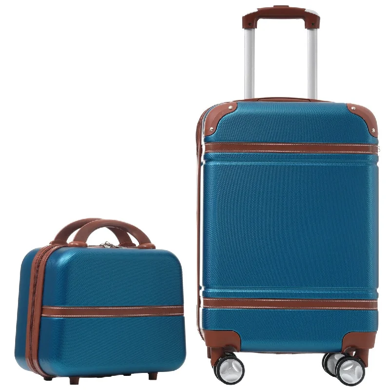 Carry-on Vintage Luggage Sets with 20" Hardside Luggage and Cosmetic Case, Lightweight Suitcase with Spinner Wheels, 2pc - Blue