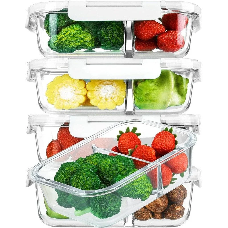 Set of 5, 36 oz. Glass Meal Prep Containers, 2 Compartments with Snap-Lock Lids Food Storage Containers Set of 5, 36 oz. Glass Meal Prep Containers, 2 Compartments with Snap-Lock Lids Food Storage Containers