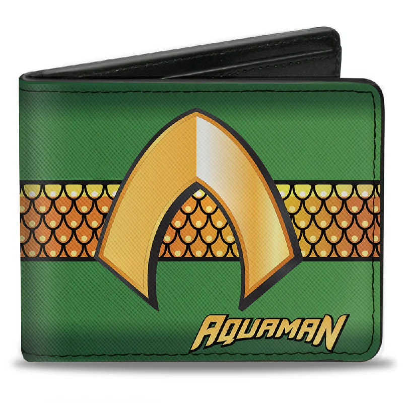 Money clips with RFID protectionBi-Fold Wallet - AQUAMAN Classic Icon Scales Stripe Green Golds