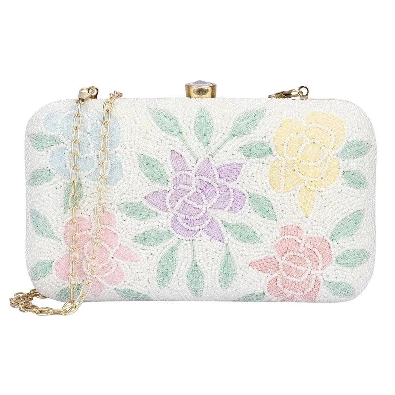 Money clips with magnetic closureTHE CLOWNFISH Norah Collection Womens Party Clutch Ladies Wallet with Chain Strap Evening Bag with Fashionable Round Corners Beads Work Floral Design (White) Money clips with magnetic closureTHE CLOWNFISH Norah Collection Womens Party Clutch Ladies Wallet with Chain Strap Evening Bag with Fashionable Round Corners Beads Work Floral Design (White)