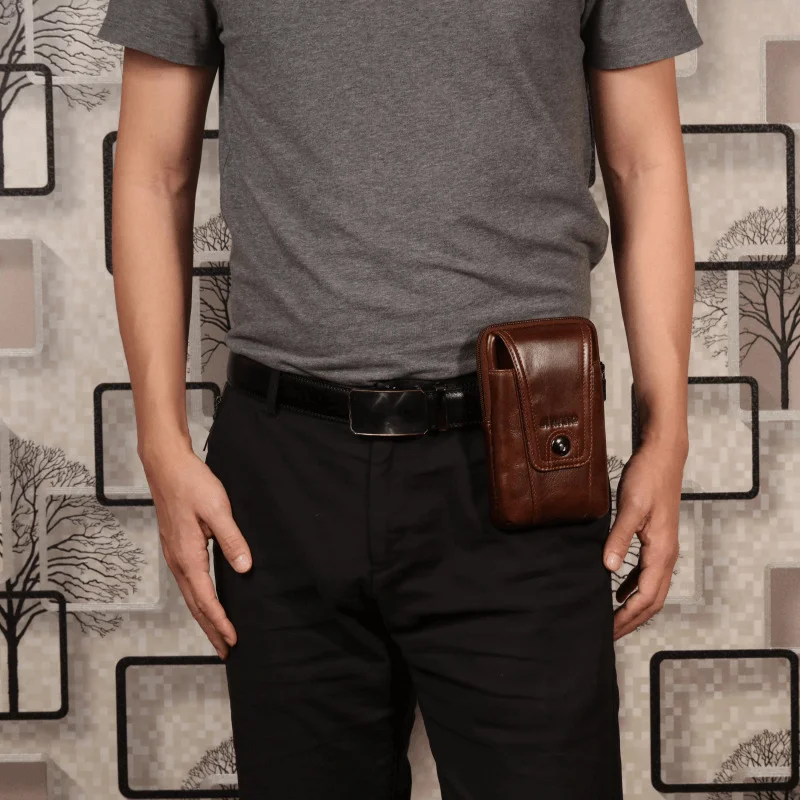 Men's crossbody bag with a built - in charging port for tech use on the goCowhide Multi-Function Phone Purse Vintage Crossbody Bag Oil Wax Waist Bag for Men