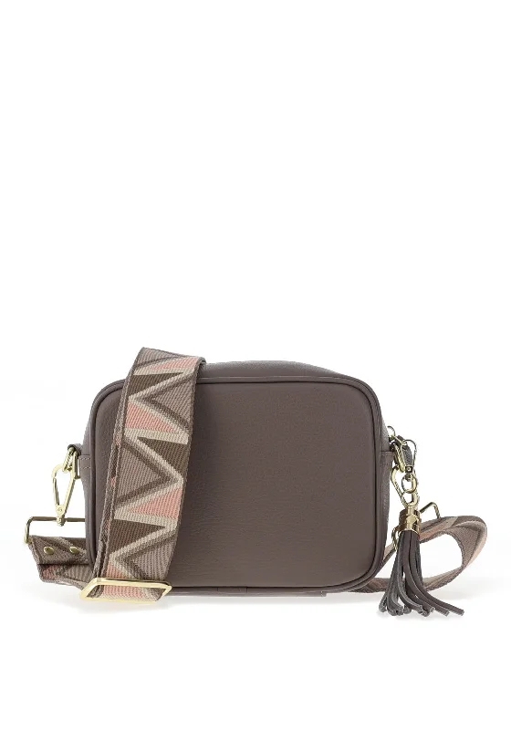 Men's leather crossbody bag with antique brass hardware for a vintage lookElie Beaumont Geometric Strap Crossbody Bag, Grey