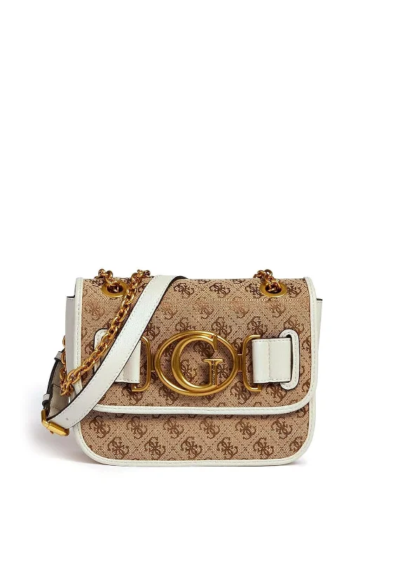 Men's leather crossbody bag with antique brass hardware for a vintage lookGuess Aileen 4G Logo Crossbody Bag, Brown & Ivory