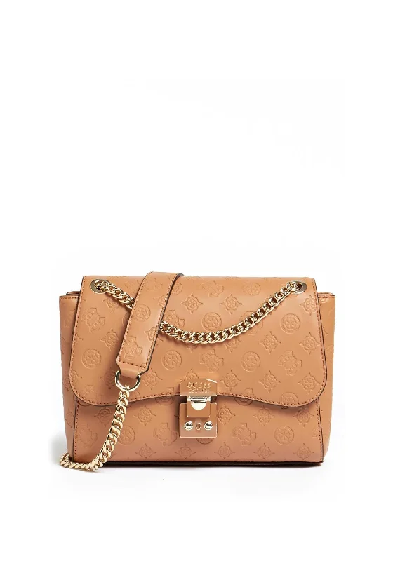Men's crossbody bag with a water - resistant coating for rainy daysGuess Carlson Embossed Peony Medium Crossbody Bag, Cognac