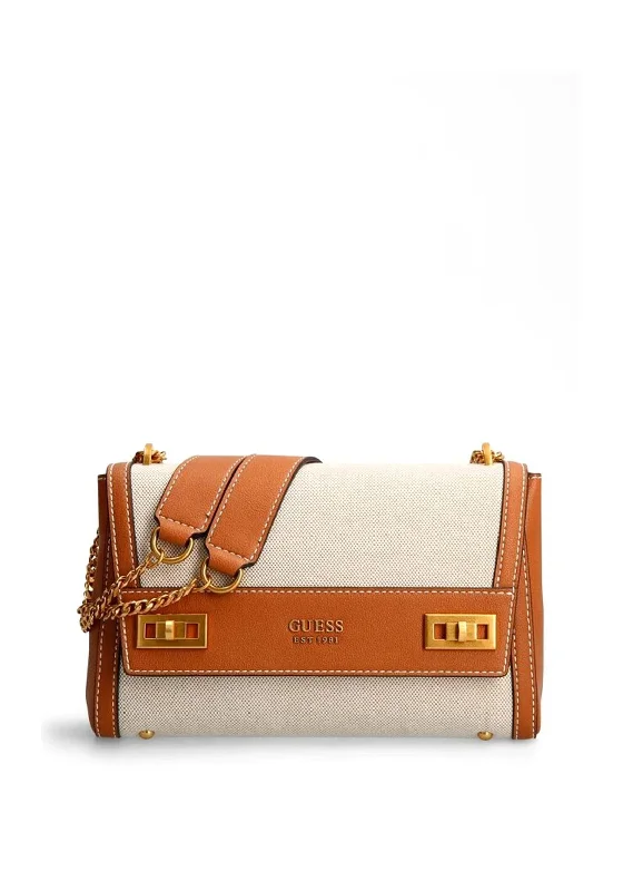 Men's crossbody bag with a built - in charging port for tech use on the goGuess Katey Flapover Medium Crossbody Bag, Natural & Cognac