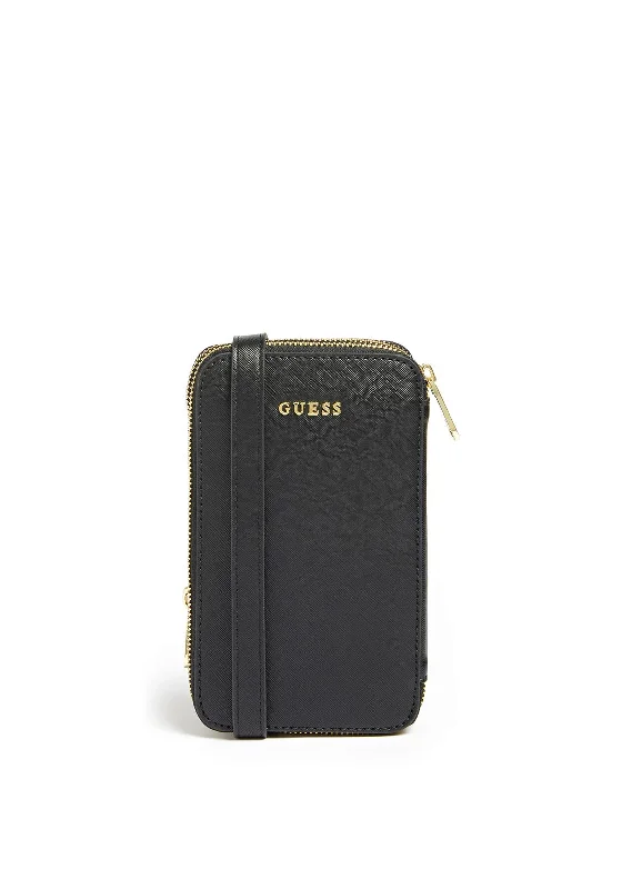 Men's leather crossbody bag with antique brass hardware for a vintage lookGuess Saffiano Phone Holder Mini Crossbody, Black