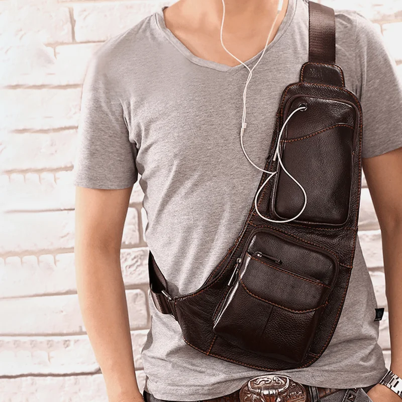 Vintage - inspired men's crossbody bag with a distressed finishMen Solid Genuine Leather Headphone Plug Crossbody Bag Chest Bag Sling Bag Vintage - inspired men's crossbody bag with a distressed finishMen Solid Genuine Leather Headphone Plug Crossbody Bag Chest Bag Sling Bag