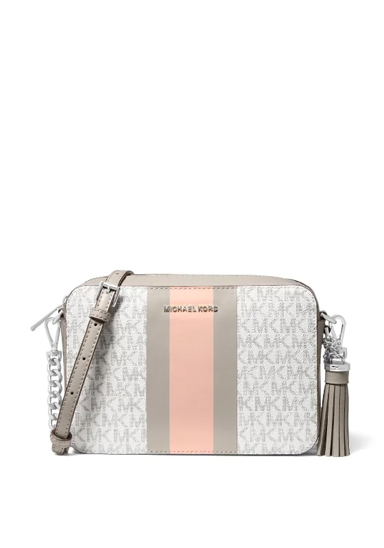 Convertible men's crossbody bag that can be worn as a shoulder bagMICHAEL Michael Kors Ginny Logo Stripe Crossbody Bag, Grey & Pink Convertible men's crossbody bag that can be worn as a shoulder bagMICHAEL Michael Kors Ginny Logo Stripe Crossbody Bag, Grey & Pink